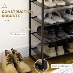Etagère à chaussures 7 niveaux - rack à chaussures 7 étagères et plateau - acier noir aspect bois gris