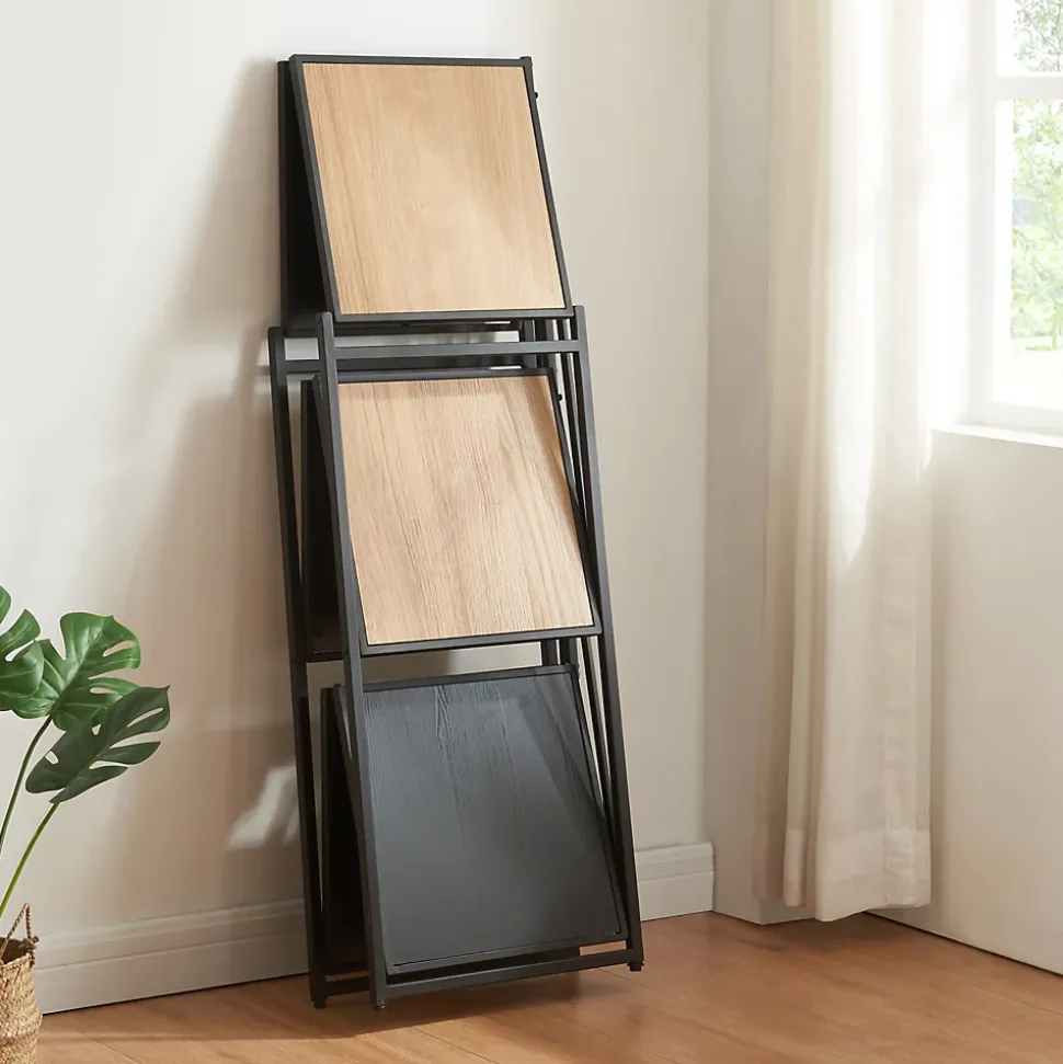 Etagère autoportante pliante Telemark à 3 niveaux métal MDF 81 x 68 x 38 cm noir effet chêne en.casa