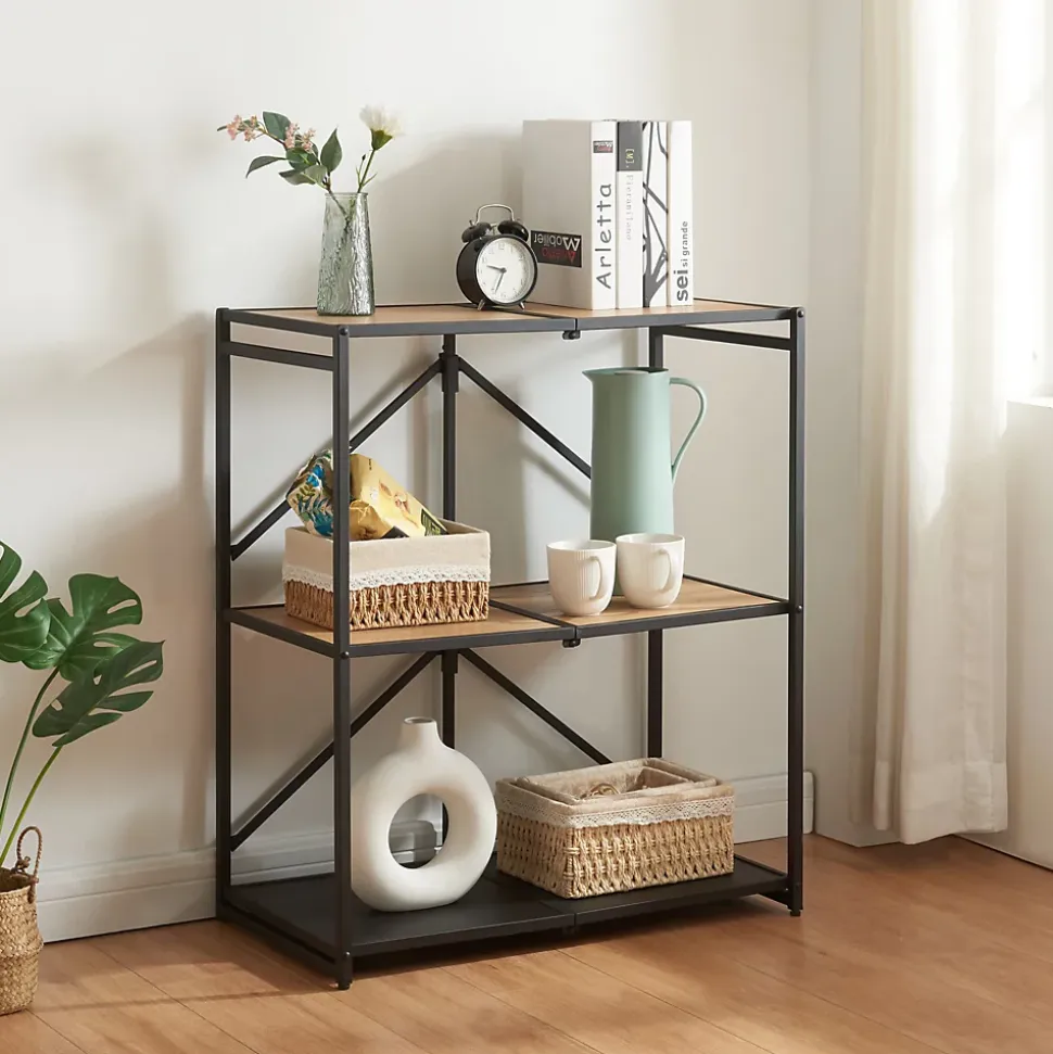 Etagère autoportante pliante Telemark à 3 niveaux métal MDF 81 x 68 x 38 cm noir effet chêne en.casa