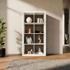 Etagère bibliothèque 4 niveaux 8 compartiments. casiers. effet bois blanc. L 76 x P 39 x H 146cm