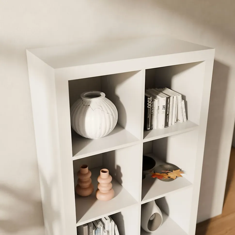 Etagère bibliothèque 4 niveaux 8 compartiments. casiers. effet bois blanc. L 76 x P 39 x H 146cm