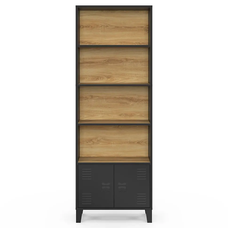 Etagère bibliothèque 5 niveaux avec placard ESTER portes métal noir et plateau bois design industriel