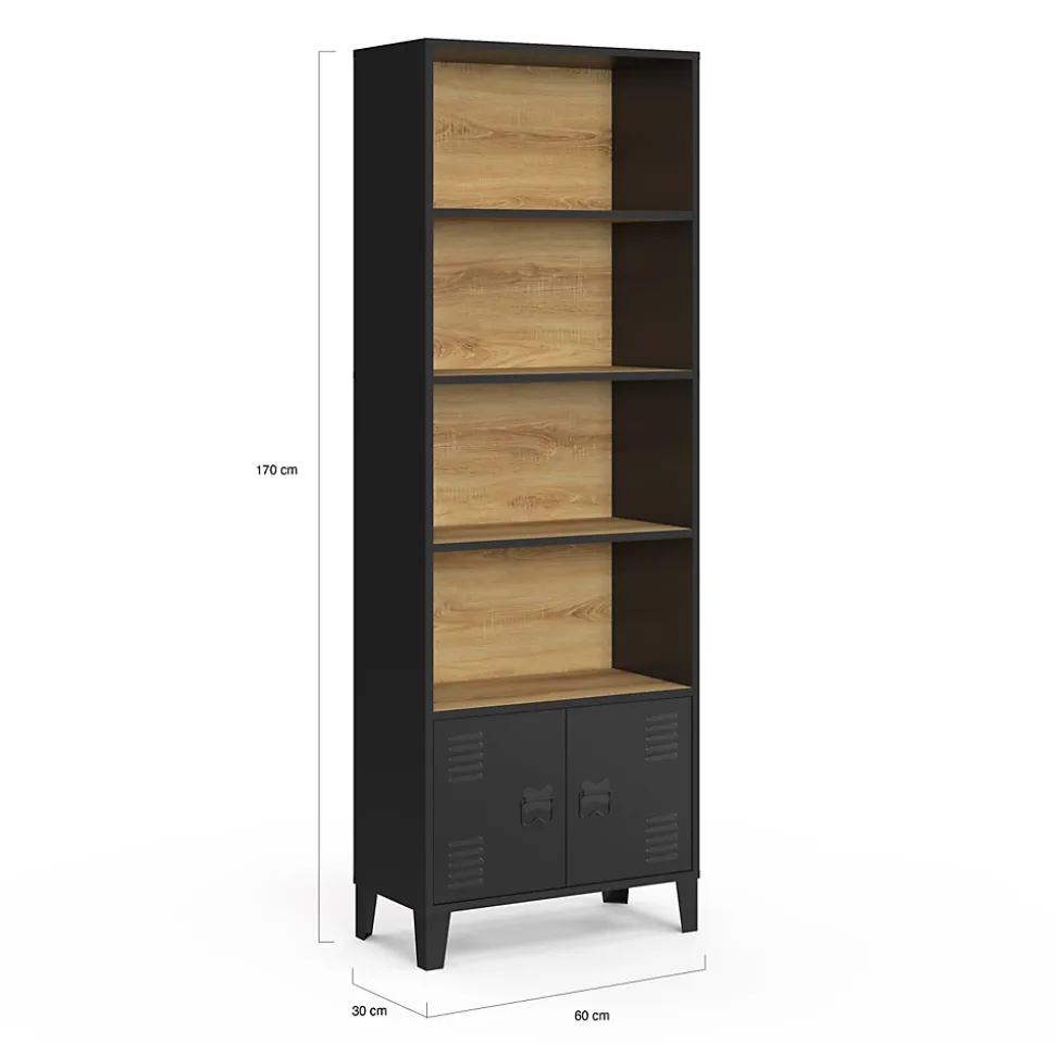 Etagère bibliothèque 5 niveaux avec placard ESTER portes métal noir et plateau bois design industriel