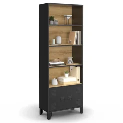 Etagère bibliothèque 5 niveaux avec placard ESTER portes métal noir et plateau bois design industriel