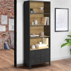 Etagère bibliothèque 5 niveaux avec placard ESTER portes métal noir et plateau bois design industriel