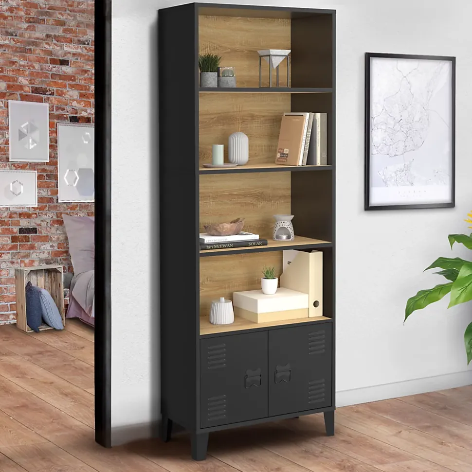 Etagère bibliothèque 5 niveaux avec placard ESTER portes métal noir et plateau bois design industriel