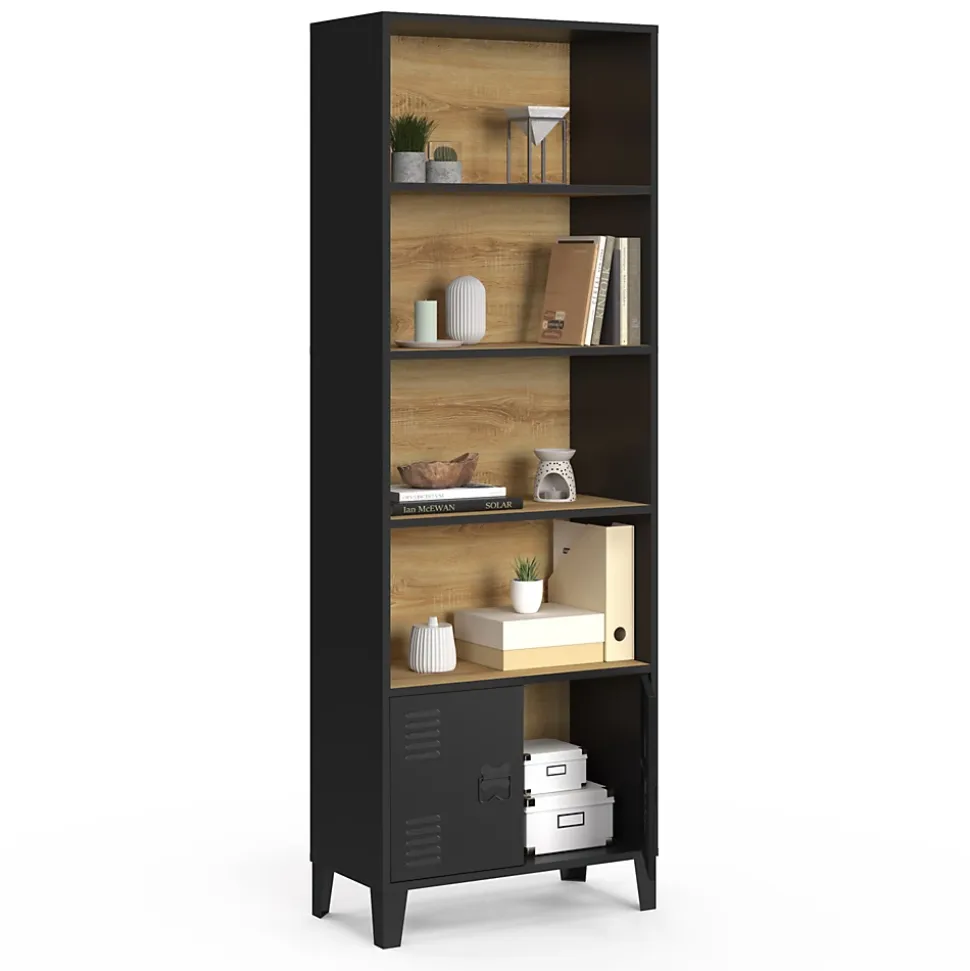 Etagère bibliothèque 5 niveaux avec placard ESTER portes métal noir et plateau bois design industriel