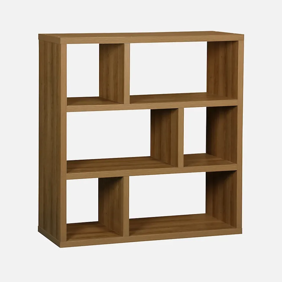 Etagère bibliothèque asymétrique 3 niveaux 6 compartiments. casiers. effet bois de manguier. L 111.2 x P 39 x H 115.2cm