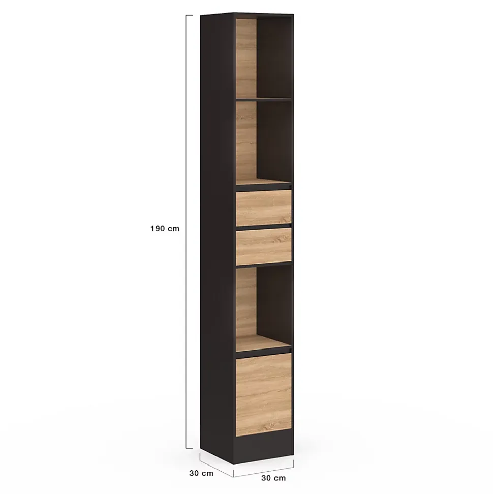 Etagère bibliothèque CARLA 3 étagères 2 tiroirs 1 placard noir et effet bois 190 cm