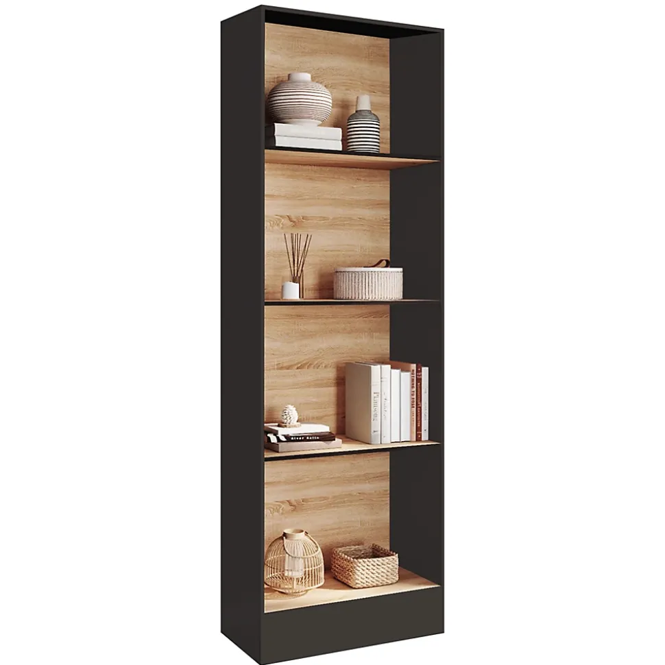 Etagère bibliothèque CARLA 5 niveaux noir et effet bois 190 cm