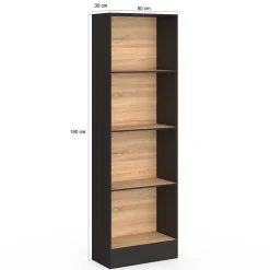 Etagère bibliothèque CARLA 5 niveaux noir et effet bois 190 cm