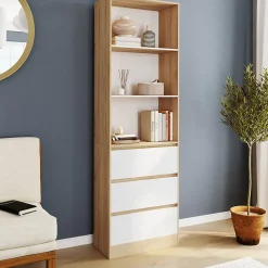 Etagère bibliothèque CARLA 3 niveaux 3 tiroirs blanc et effet bois 190 cm