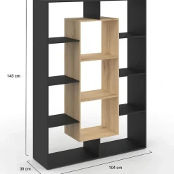 Etagère bibliothèque COLETTE avec 11 compartiments noir et effet bois 143 cm