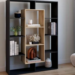 Etagère bibliothèque COLETTE avec 11 compartiments noir et effet bois 143 cm
