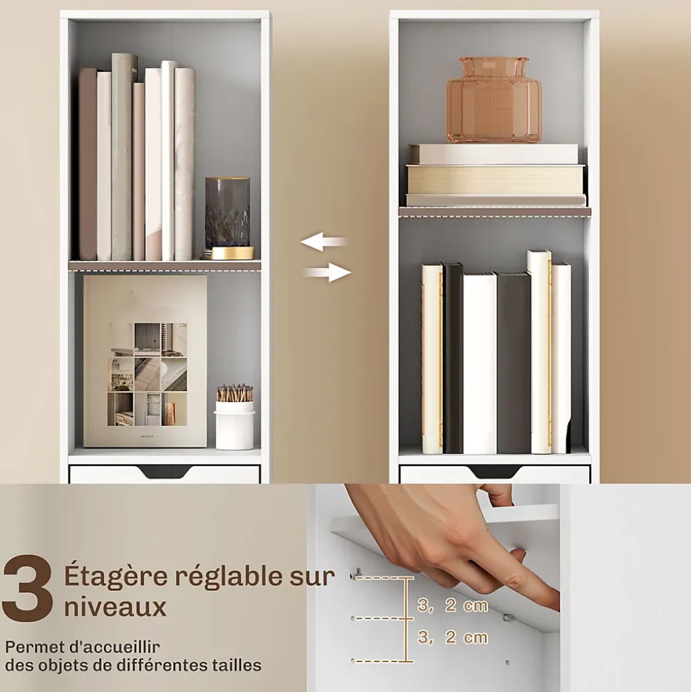 Etagère bibliothèque colonne H.158cm - 4 niches, tiroir, porte - blanc