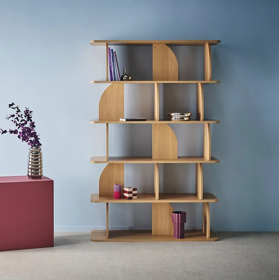 Etagère. bibliothèque exotique décor bois chêne 5 niveaux. séparateurs courbés - Alva