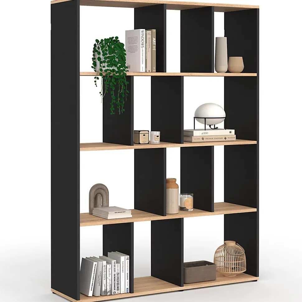 Etagère bibliothèque JENA 4 niveaux noir et effet bois 143 cm