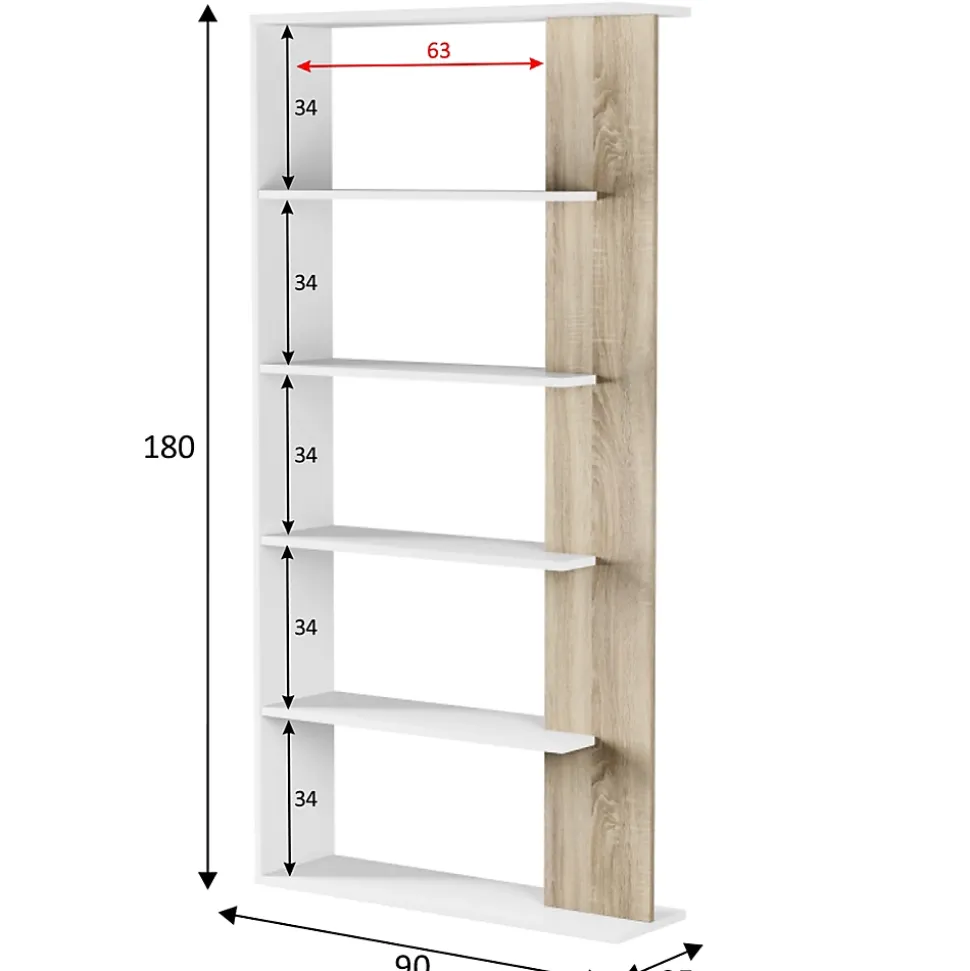 Etagère Bibliothèque Lugo 5 étagères, Blanc/Chêne