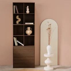 Etagère. bibliothèque modulable décor bois noyer 3 éléments - 3 tiroirs 8 niches L 70 x P 35 x H 210cm - Kompo