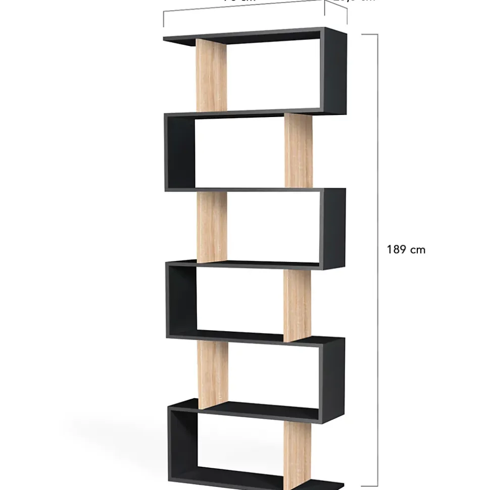 Etagère bibliothèque SOFIA forme S bois façon hêtre et noir 189 cm