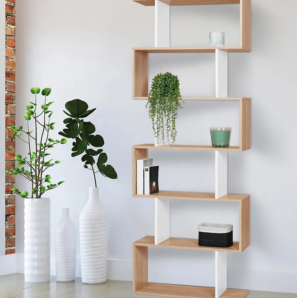 Etagère bibliothèque SOFIA forme S façon hêtre et blanc 189 cm