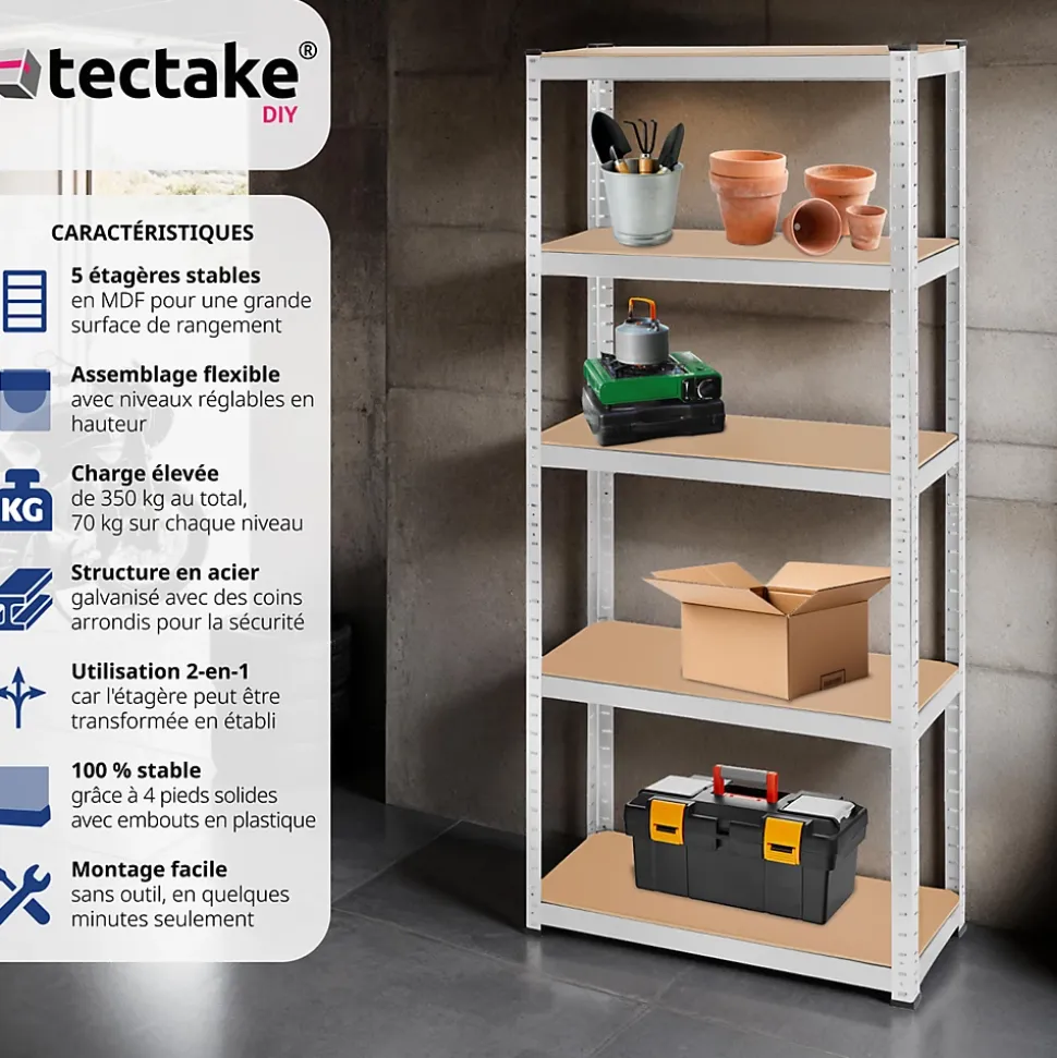 Etagère charge lourde d'angle plateau en acier 180x75x30 cm