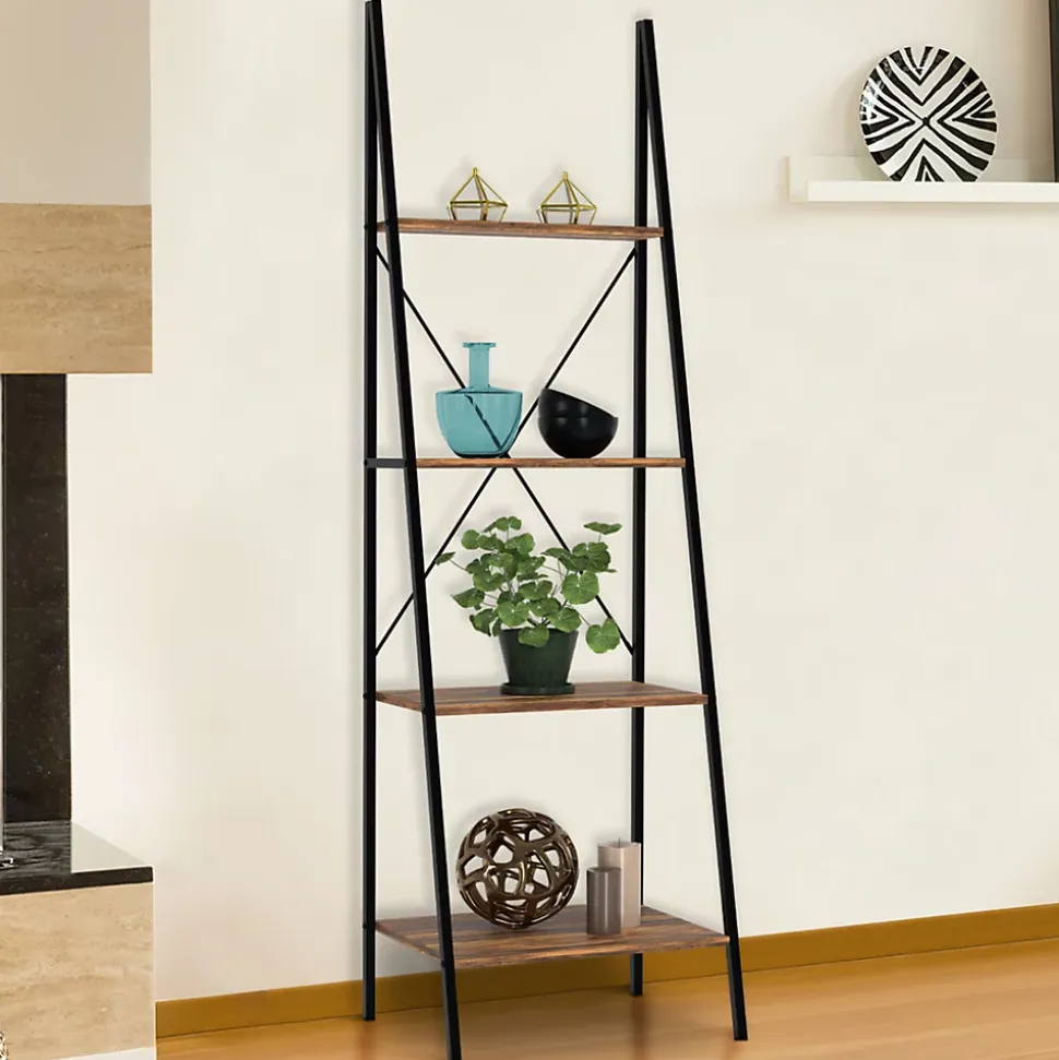 Etagère échelle 4 niveaux HAWKINS bois foncé design industriel 170 cm
