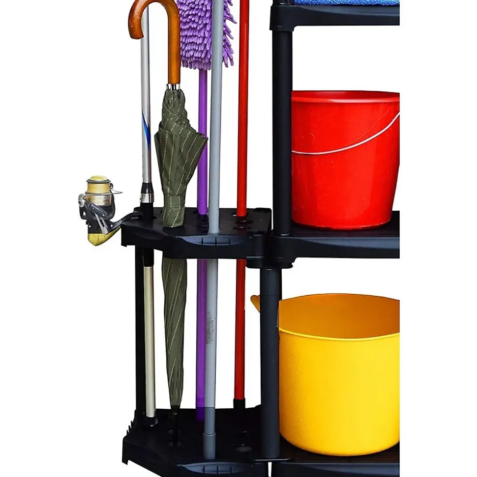 Etagère de Rangement 4 niveaux + Porte-Balai Noir Polypropylène Résistant Garage Buanderie Art Plast