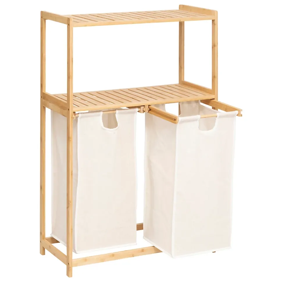 Etagère de salle de bain bambou avec panier à linge double compartiments, Five Simply Smart Tidy Box