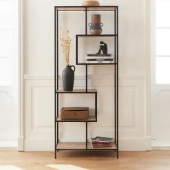 Etagère en métal noir et décor bois - Loft - bibliothèque 6 niveaux. L 77 x l 33 x H 185cm