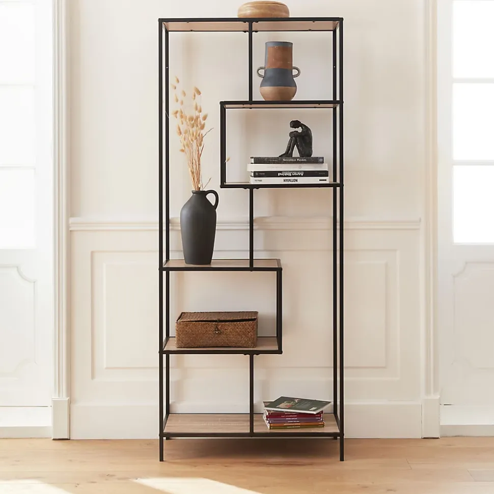 Etagère en métal noir et décor bois - Loft - bibliothèque 6 niveaux. L 77 x l 33 x H 185cm