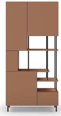 Etagère haute, meuble étagère avec 5 portes aspect bois coloris terracotta, pieds en métal noir - L. 84 x P. 34 x H. 175 cm
