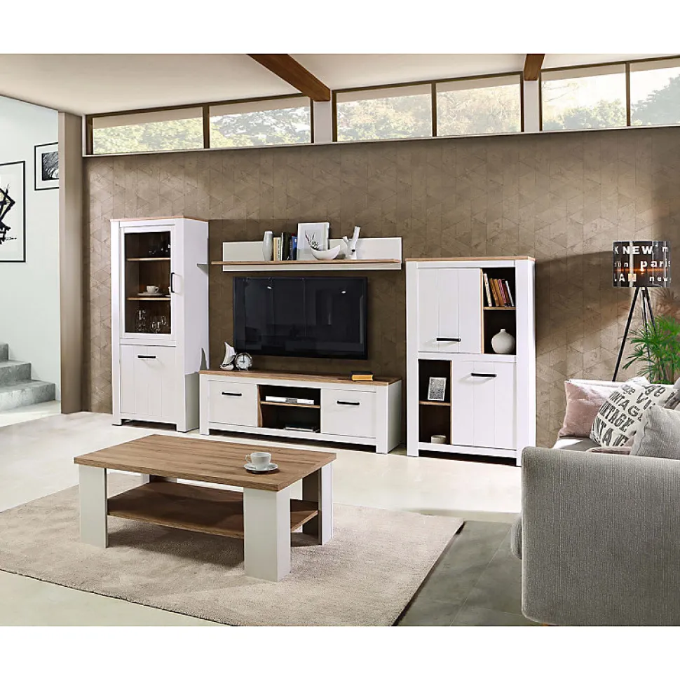 Etagère murale 160 cm blanc mat et décor bois clair - LEANE