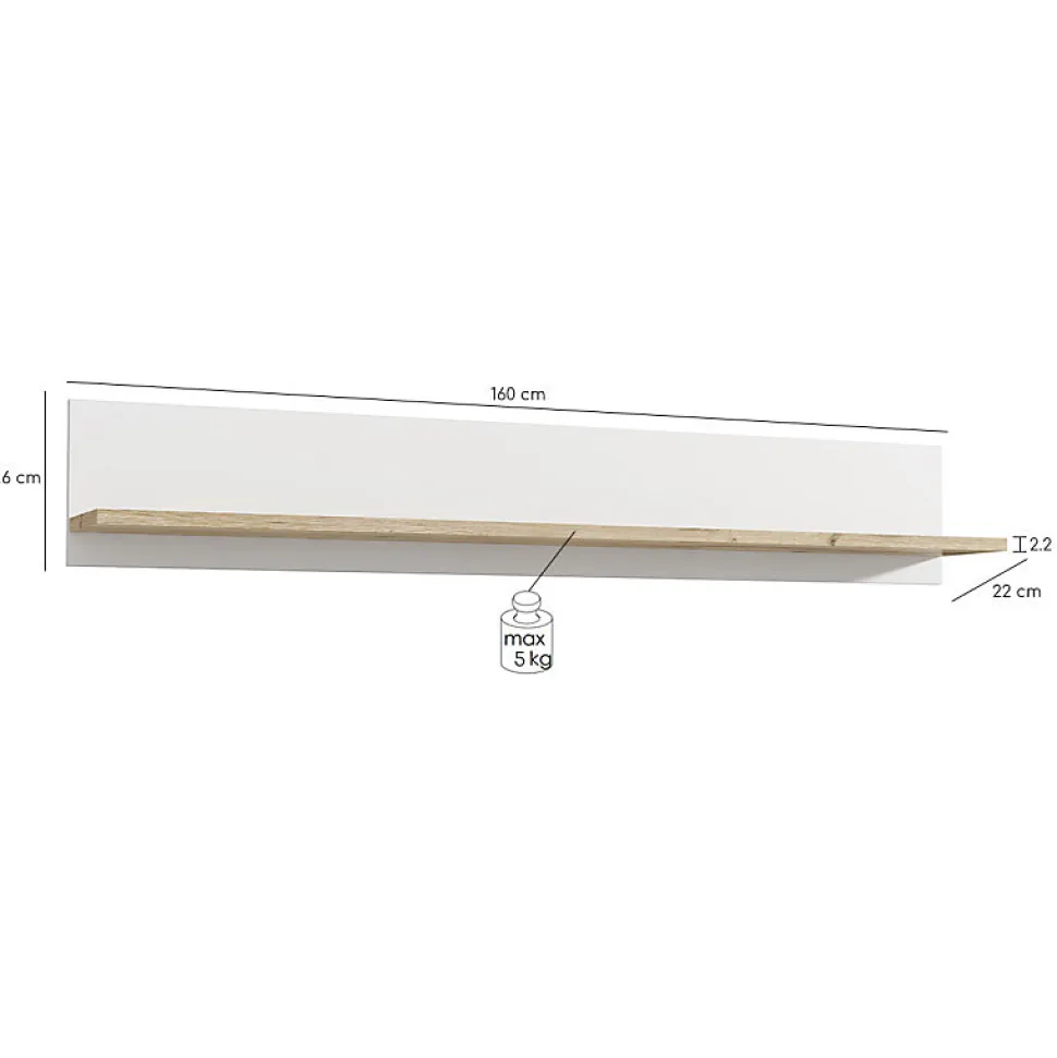 Etagère murale 160 cm blanc mat et décor bois clair - LEANE