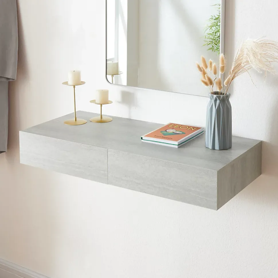 Etagère murale avec 2 tiroirs Karstula 80 x 35 x 12 cm effet béton en.casa