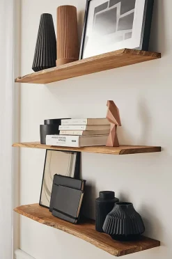 Etagère Murale en Bois Teck Massif - Bord Naturel Brut - Fixation Inclus - 18x110x600mm - Etagère de Bureau, Cuisine