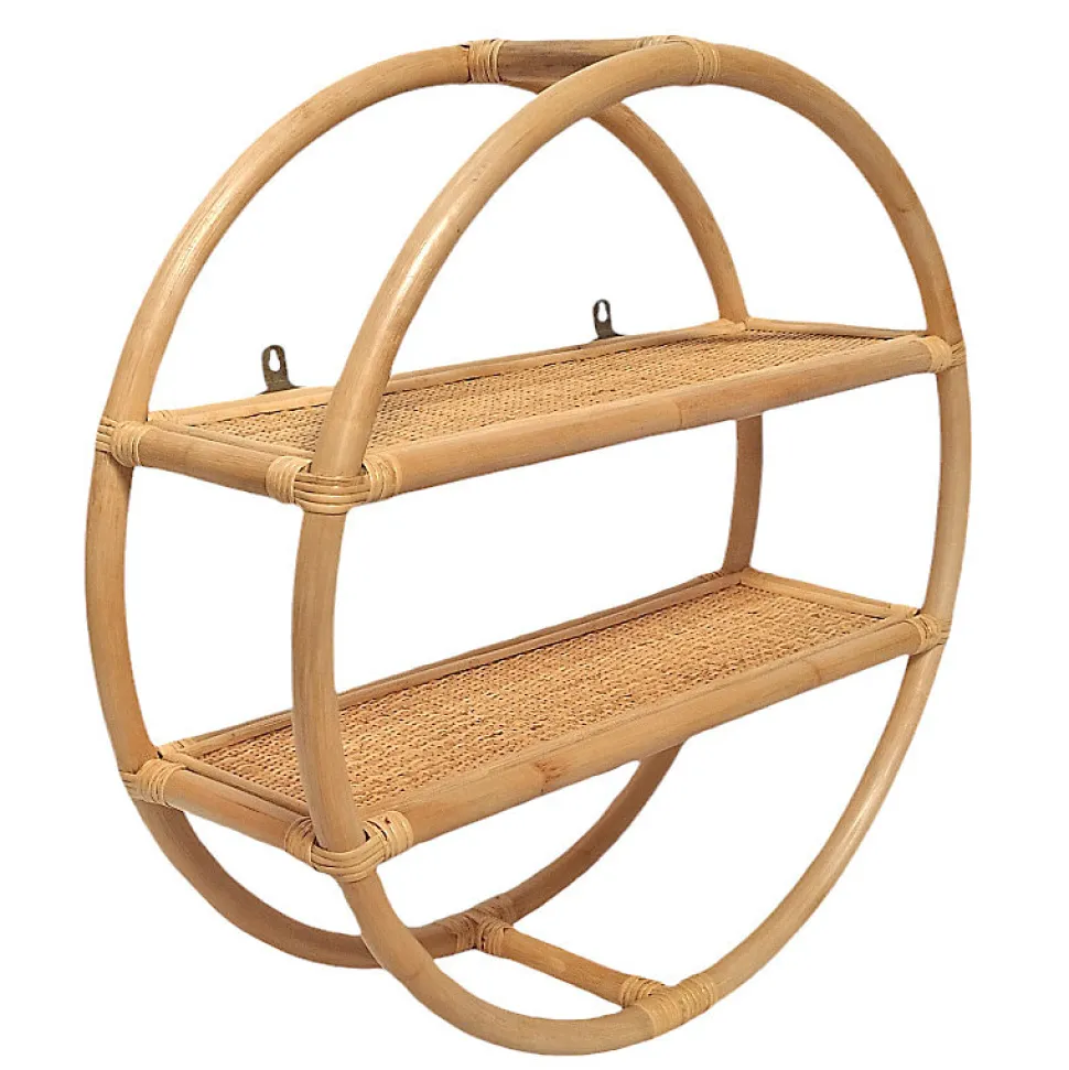 Etagère murale ronde D. 60 cm en rotin naturel 2 tablettes - HAZEL