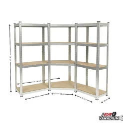 Etagère rangement d'angle charges lourdes 1560 kg max L.140 x P.30 x H.150 - EURO VANADIUM - 12 plateaux