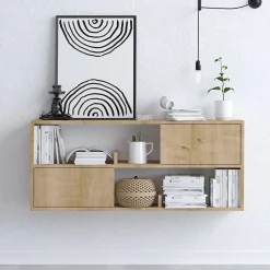 Etagère suspendue avec 2 portes et 2 niches ouvertes décor bois chêne L120 cm - LYA