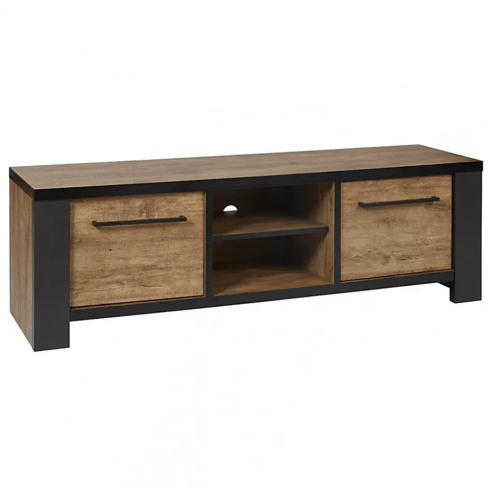 ETIENNE - Ensemble Salon Meuble TV et Table Basse Aspect Bois Piètement X Métal Noir