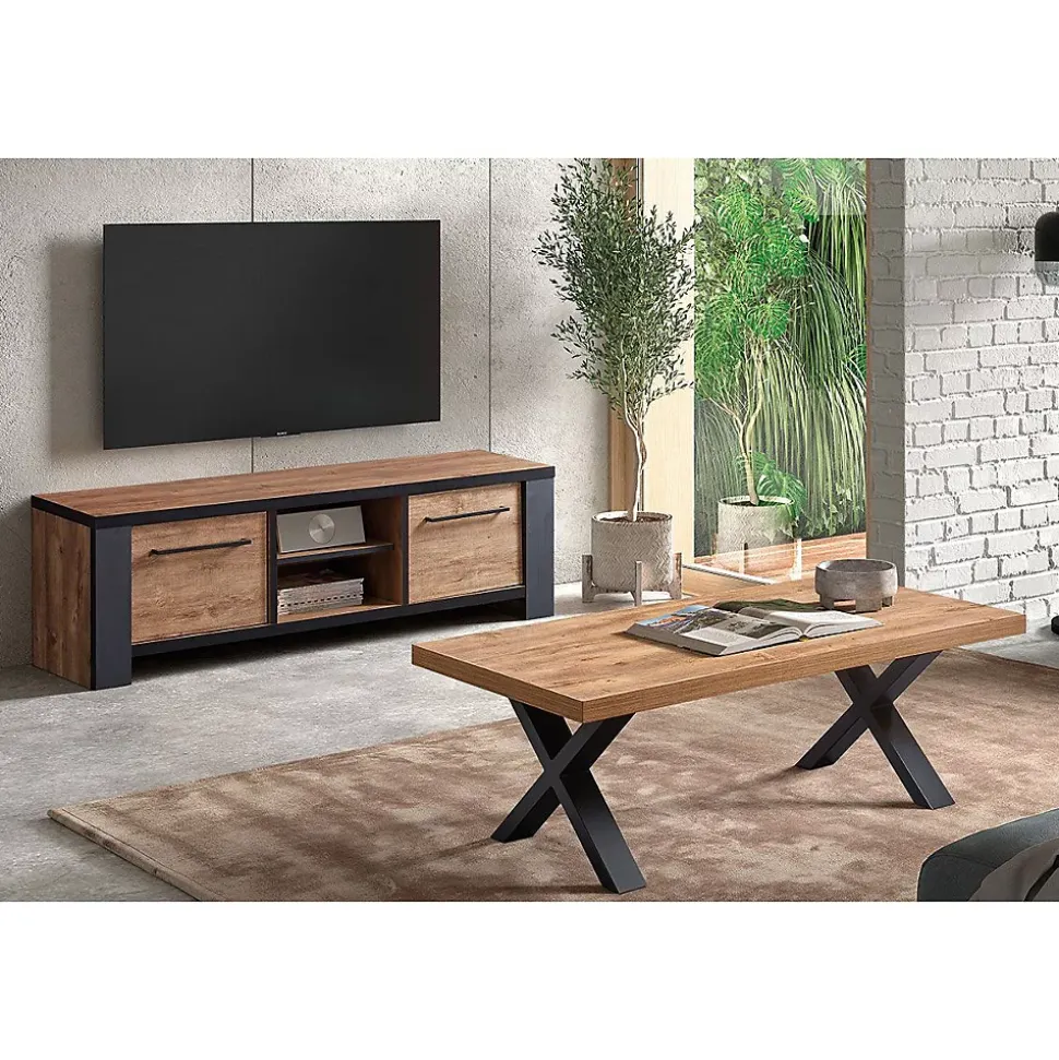 ETIENNE - Ensemble Salon Meuble TV et Table Basse Aspect Bois Piètement X Métal Noir