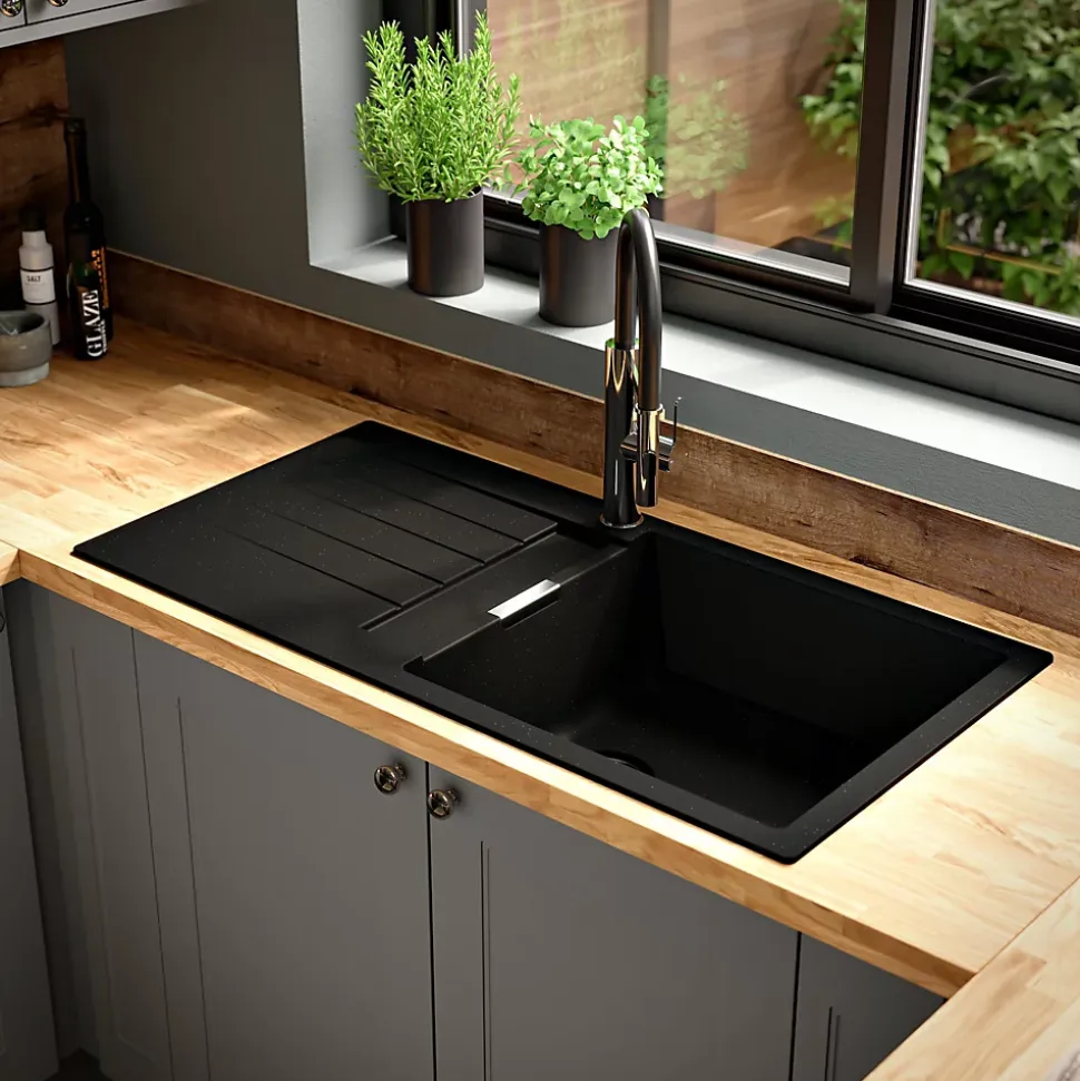 Evier à encastrer en composite quartz gris 1 bac et égouttoir l. 50 x H. 30,4 x P. 19,7 cm GoodHome Torla