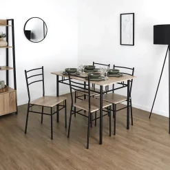 FAUSTIN - Ensemble Repas 4 Personnes Table et Chaises en MDF et Pieds Métal Noir