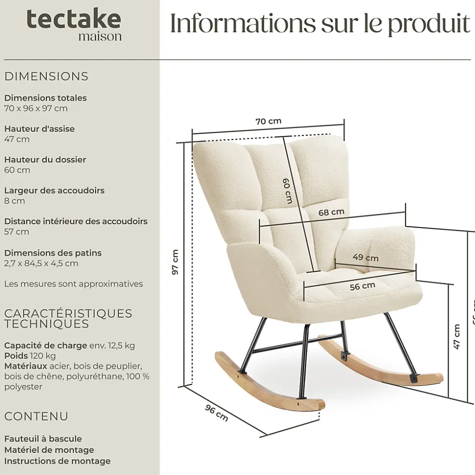 Fauteuil à bascule rembourré avec grand dossier beige