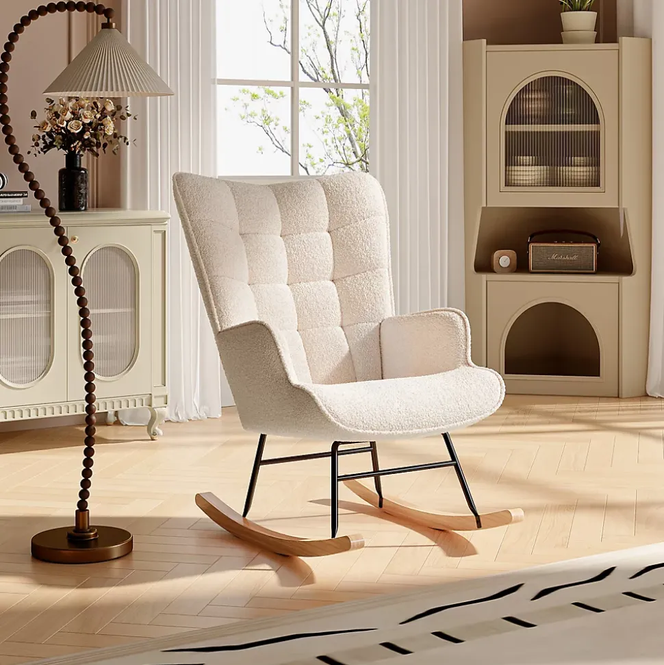Fauteuil à Bascule,Fauteuil d'allaitement rembourré,pour Salon,Chambre à Coucher,Charge maximale,130 kg ,Beige,75 x 68 x 92 cm