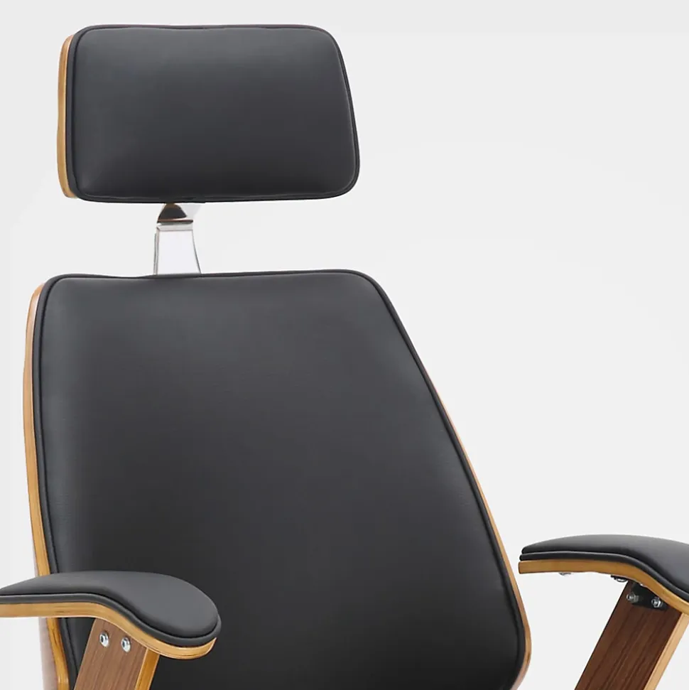 Fauteuil de Bureau Chicago En Similicuir Coque En Bois, Siège Rembourré Ajustable Pivotant, Piètement Métal Noyer/Noir