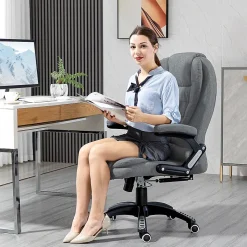 Fauteuil de bureau direction massant chauffant hauteur réglable dossier inclinable toile de lin gris chiné