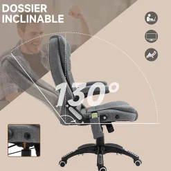 Fauteuil de bureau direction massant chauffant hauteur réglable dossier inclinable toile de lin gris chiné