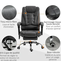 Fauteuil de bureau direction massant chauffant hauteur réglable dossier inclinable tissu gris