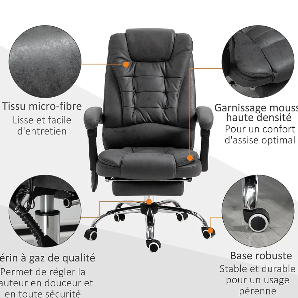 Fauteuil de bureau direction massant chauffant hauteur réglable dossier inclinable tissu gris